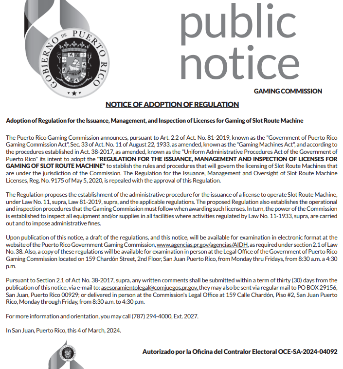 Adoption of Regulation for the Issuance, Management, and Inspection of Licenses for Gaming of Slot Route Machine.PNG
